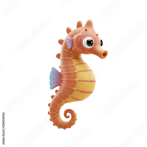 Adorable 3D Render of a Cartoon Seahorse with Big Eyes and a Cute Pose Against a Black Background