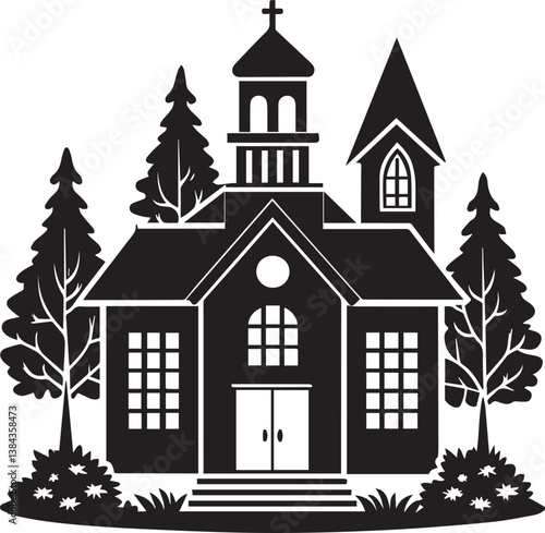 School vector illustration, School clipart, School silhouette vector black and white