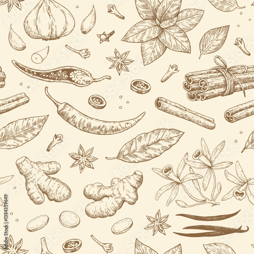 Seamless pattern with spices and aromatic plants. Hand-drawn detailed vector illustration in sketch ink style.