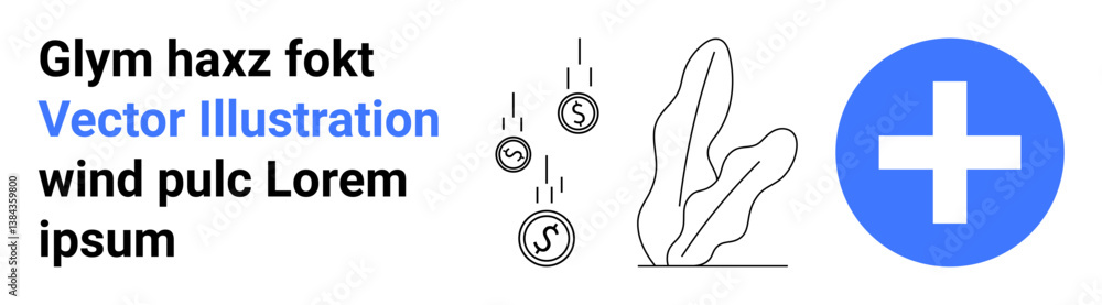Coins falling near abstract plant with a blue medical cross for growth, health, and investment. Ideal for finance, business, healthcare, environment, savings, charity simple landing page Coins falling near abstract plant with a blue medical cross for growth, health, and investment. Ideal for finance, business, healthcare, environment, savings, charity simple landing page