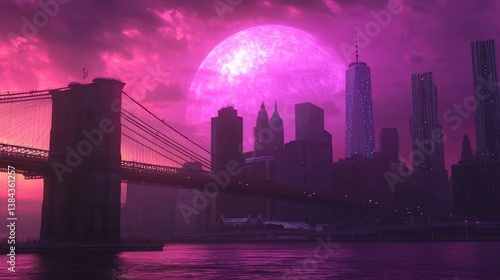 Pink moonrise over NYC skyline, bridge, fantasy art, poster