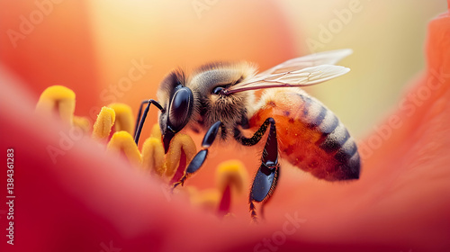 Close-up of a honeybee resting delicately on a blooming tomato flower