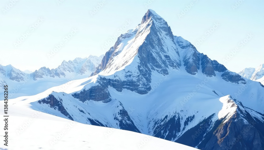 Obraz premium Snow covered mountain peak, pristine white sky, background, scenic