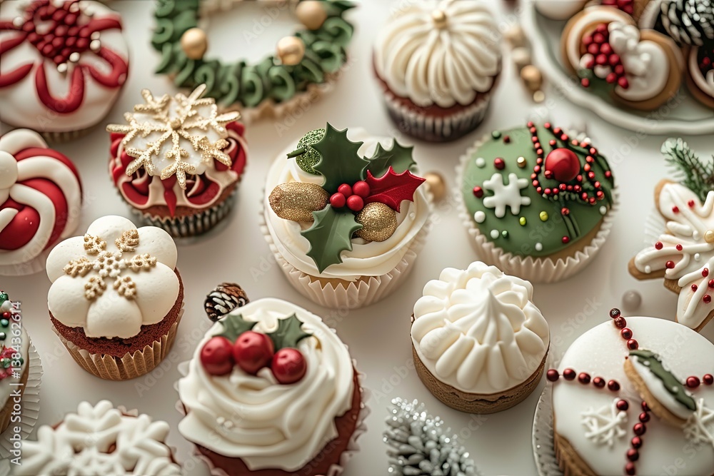 Christmas Cupcake with Holly Leaves and Red Ribbon Decoration Christmas Cupcake with Holly Leaves and Red Ribbon Decoration