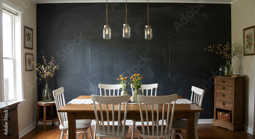 Farmhouse Dining Room With Chalkboard Wall And Mason Jar Lights
