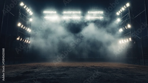 Empty stadium arena at night lit by spotlights with fog.