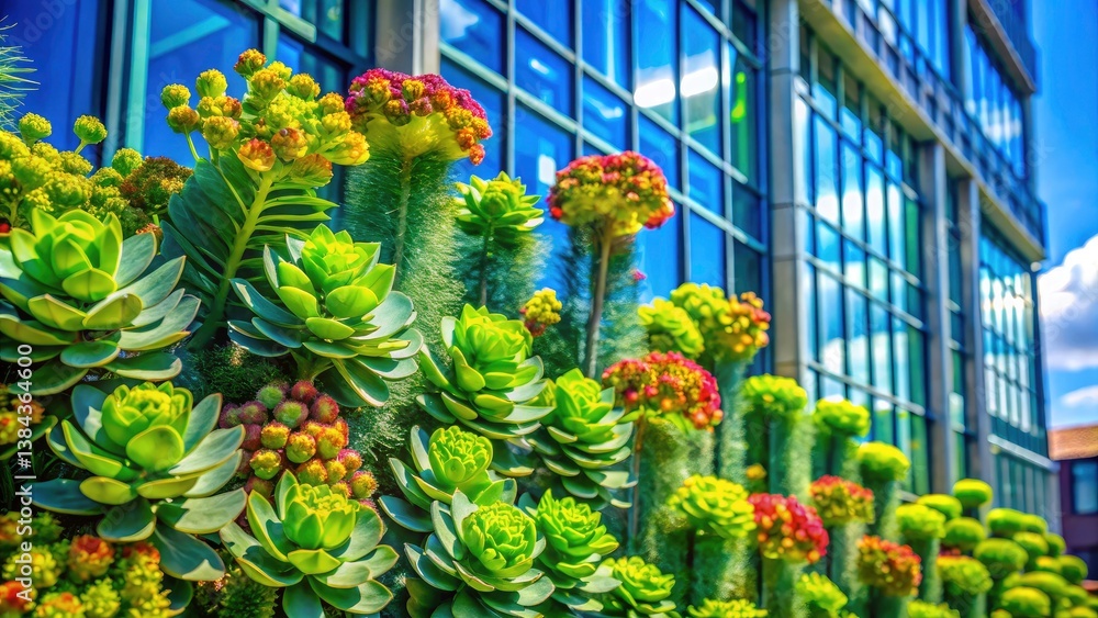 Fototapeta premium Sun Spurge Architectural Photography: Blooming Flowers, Unripe Fruits, Modern Building Facade