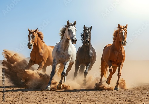 Four Horses in Full Gallop Kick Up Dust in Sunny Desert. Generative Ai