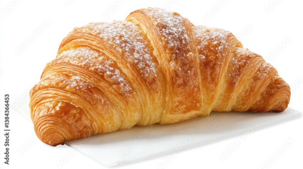 Freshly Baked Croissant on White Napkin with Powdered Sugar Topping Freshly Baked Croissant on White Napkin with Powdered Sugar Topping