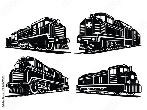 black silhouette of a locomotive train on a white background.