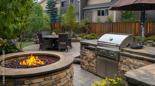Luxurious outdoor living space featuring a fire pit and grill installation