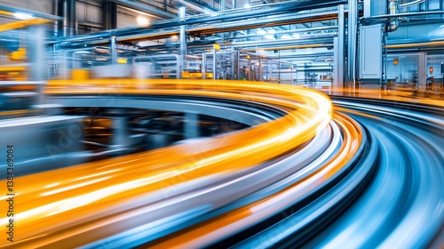 Factory conveyor belt curving, motion blur, industrial production