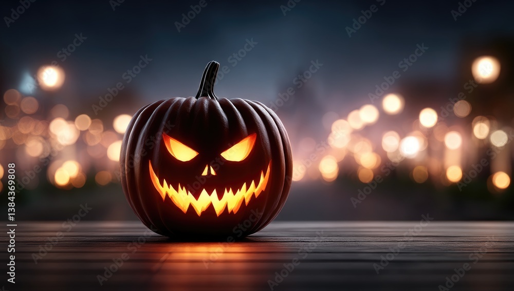 Fototapeta premium Illuminated Carved Pumpkin on Wooden Surface with City Lights Background