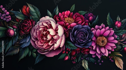 Fototapeta Naklejka Na Ścianę i Meble -  A beautiful array of colorful blooms against a dark backdrop