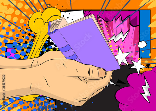 Cartoon, comic book human hands holding Book. Retro vector comics pop art design.