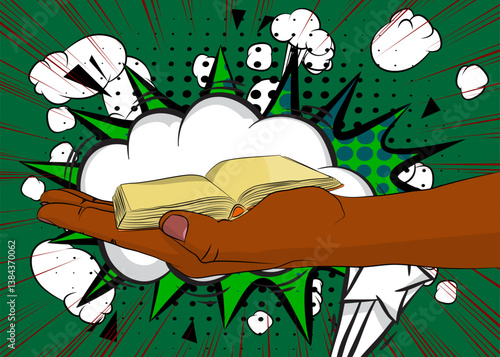 Cartoon, comic book human hands holding Book. Retro vector comics pop art design.