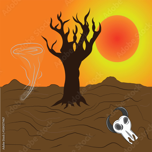 dead tree in the  imaginary desert dead animal skull whirlwind 
