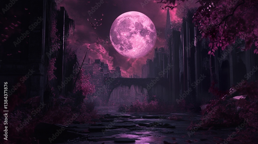Obraz premium Pink Moon over Desolate City Ruins: A Surreal Night Landscape