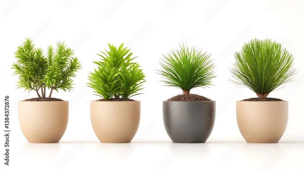Obraz premium Four potted plants in a row, showing different shapes and colors, isolated on a white background