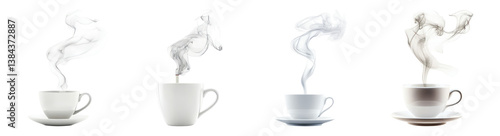 White Coffee Cups with Steam Swirling in Various Unique Forms, PNG bundle collection, Isolated on Transparent Background