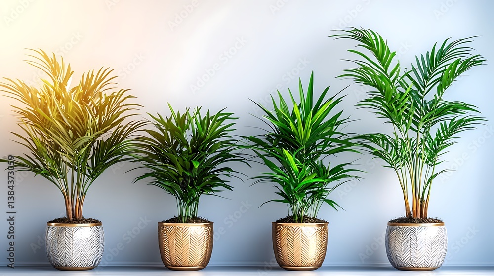 Four potted plants on a bright gray backdrop, each in decorative gold and silver planters Four potted plants on a bright gray backdrop, each in decorative gold and silver planters