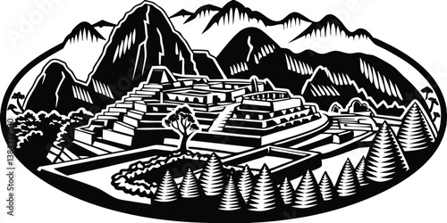 Machu Picchu outline with mountain silhouettes and trees black and white Illustrator vector
