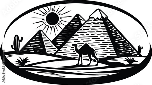  Pyramids of Giza monoline art with desert elements (sun, camel, cactus) black and white Illustrator vector