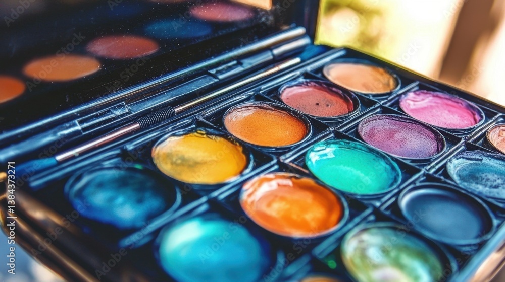 Naklejka premium Close-up of a makeup palette with various colors. Palette is black, contains circular compartments filled with colorful pigments, and a makeup brush is visible.