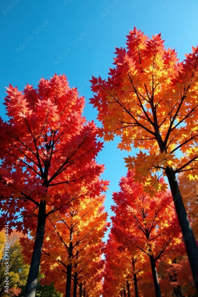 Colorful maple trees stand tall against a brilliant blue sky, autumn colors, woodland Colorful maple trees stand tall against a brilliant blue sky, autumn colors, woodland