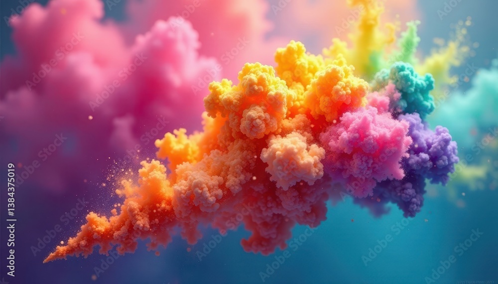 Fototapeta premium Colorful powder cloud in the air with vibrant hues of pink orange yellow green blue and purple, explosion, green