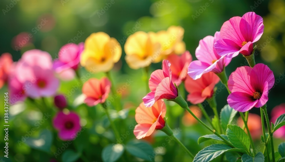 Colorful sweet pea flowers blooming in a lush green garden , garden, greenery Colorful sweet pea flowers blooming in a lush green garden , garden, greenery