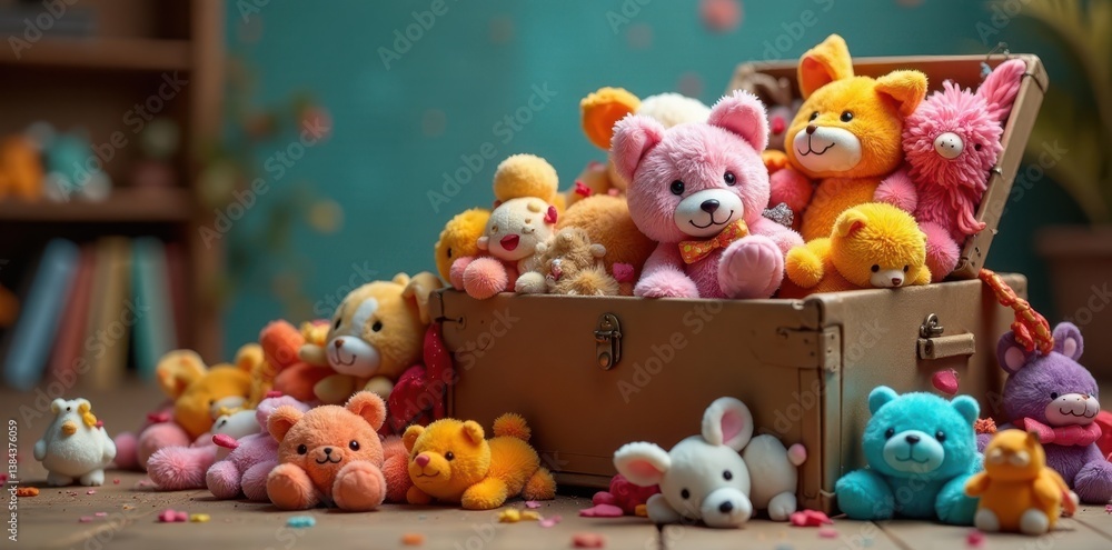 Fototapeta premium Colorful toy box overflowing with stuffed animals and dolls , charity, donation