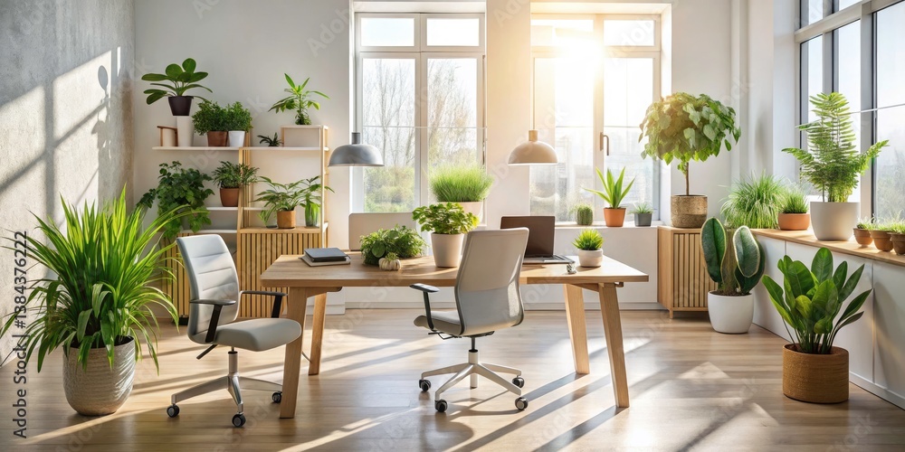 Sunlit Modern Office Design: Plants, Workspace, Productivity, Minimalist Desk Setup, Bright Interior, Green Office, Home Office Ideas, Contemporary Workspace Sunlit Modern Office Design: Plants, Workspace, Productivity, Minimalist Desk Setup, Bright Interior, Green Office, Home Office Ideas, Contemporary Workspace