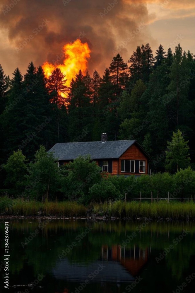 Fototapeta premium arafed house on a lake with a fire in the background