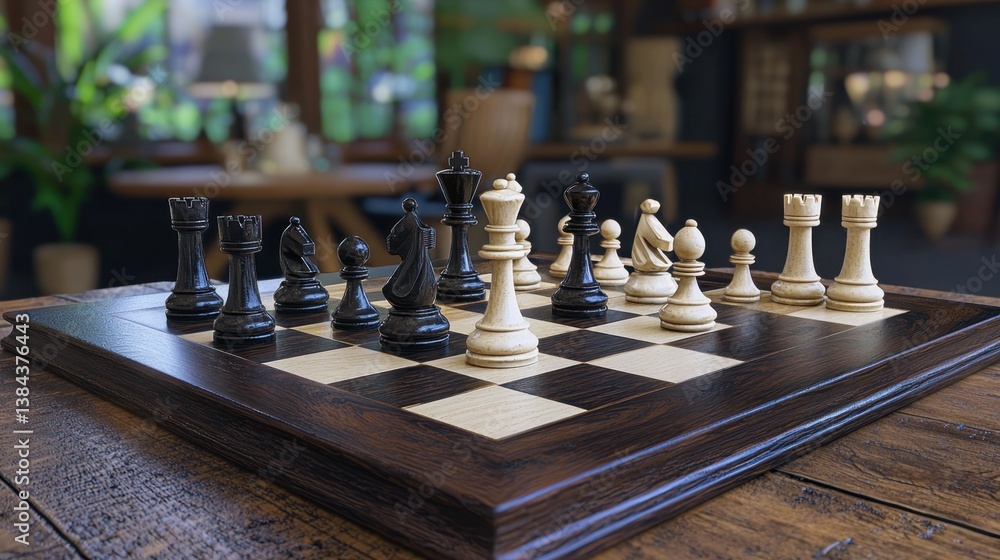 Chessboard with pieces on a wooden table in a restaurant setting. Chessboard with pieces on a wooden table in a restaurant setting.