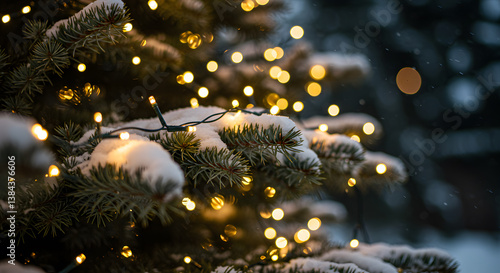 Wallpaper Mural Snow-Dusted Evergreen Branches with Warm Fairy Lights, Close-Up Torontodigital.ca