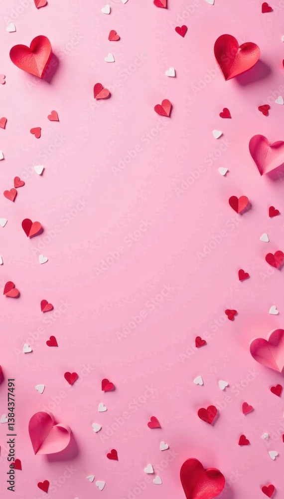 Confetti scattered on a pink background with paper hearts in the center, festive, party decorations Confetti scattered on a pink background with paper hearts in the center, festive, party decorations