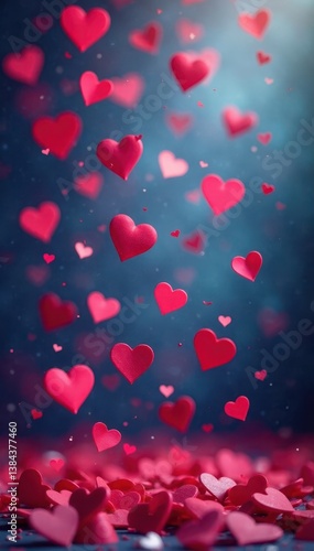 Confetti heart shapes falling gently through the air, whimsical confetti, soft focus effect