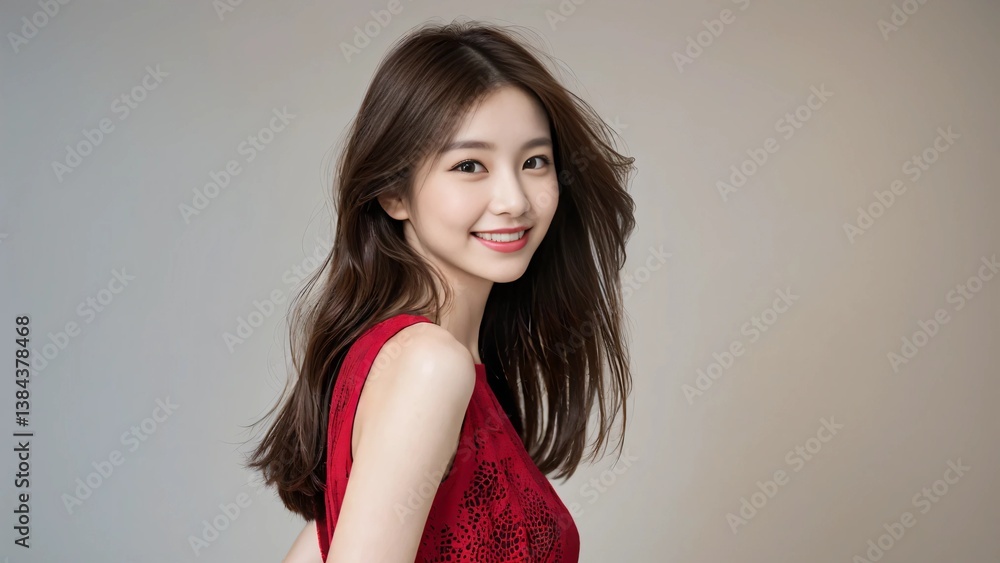 Fototapeta premium 赤いタンクトップを着て振り返る２０代の若い女性