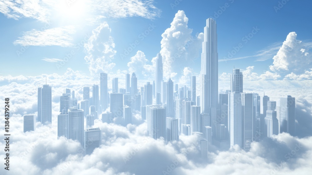 Naklejka premium Majestic City Skyline Emerging from Puffy Clouds Under Bright Blue Sky