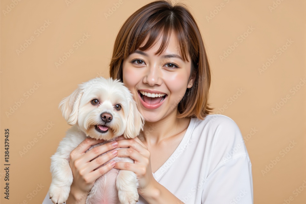 Cheerful Asian Woman in Her 20s Holding a Small White Dog Against a Light Brown Background, Displaying Joy and Affection for Her Beloved Pet Cheerful Asian Woman in Her 20s Holding a Small White Dog Against a Light Brown Background, Displaying Joy and Affection for Her Beloved Pet