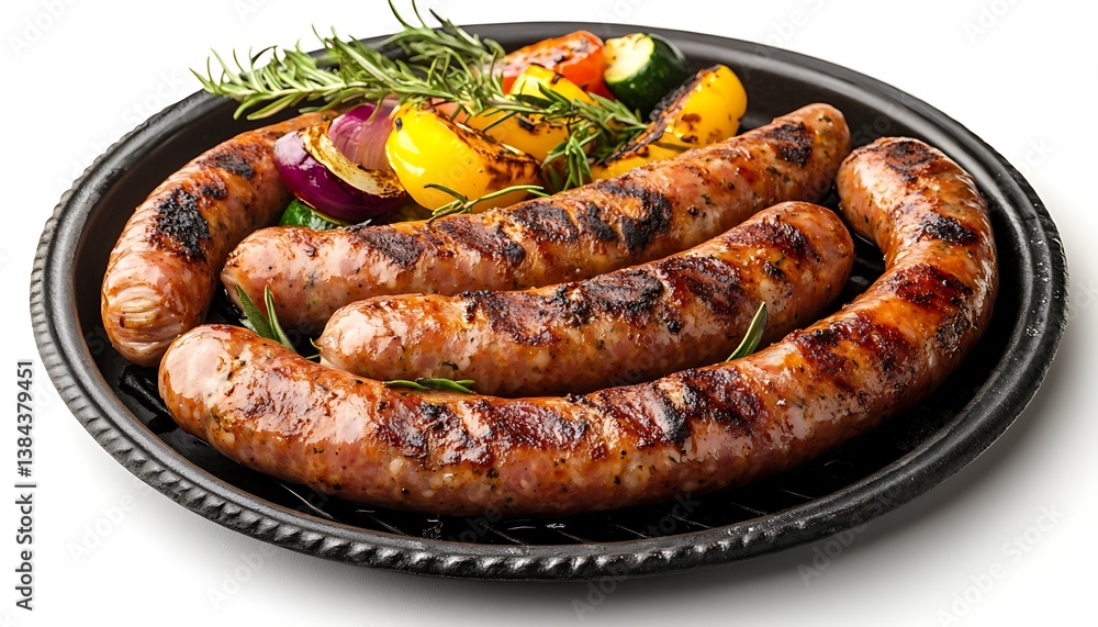 Grilled Sausages and Vegetables Presented on a Black Round Dish Grilled Sausages and Vegetables Presented on a Black Round Dish