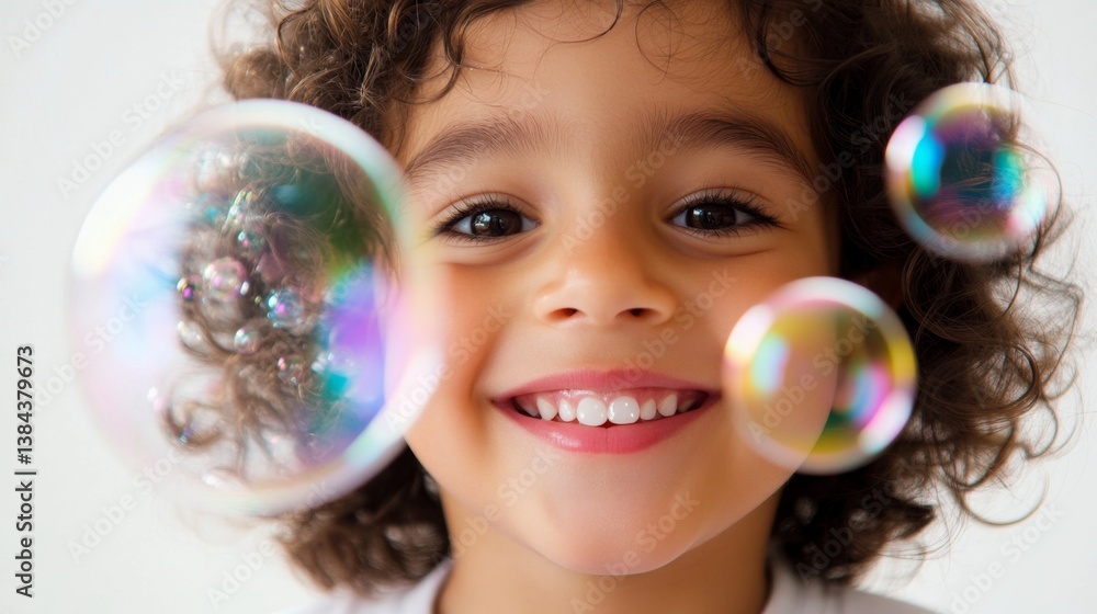 Happy Child Blowing Soap Bubbles with Joy and Excitement on White Background Close-Up - High Detail Portrait of Smiling Kid Happy Child Blowing Soap Bubbles with Joy and Excitement on White Background Close-Up - High Detail Portrait of Smiling Kid