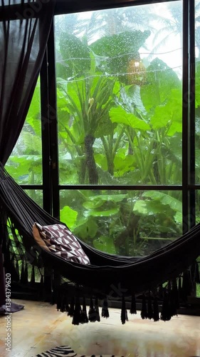 Dark Hammock in Tropical Rainy Room - Lush Garden View