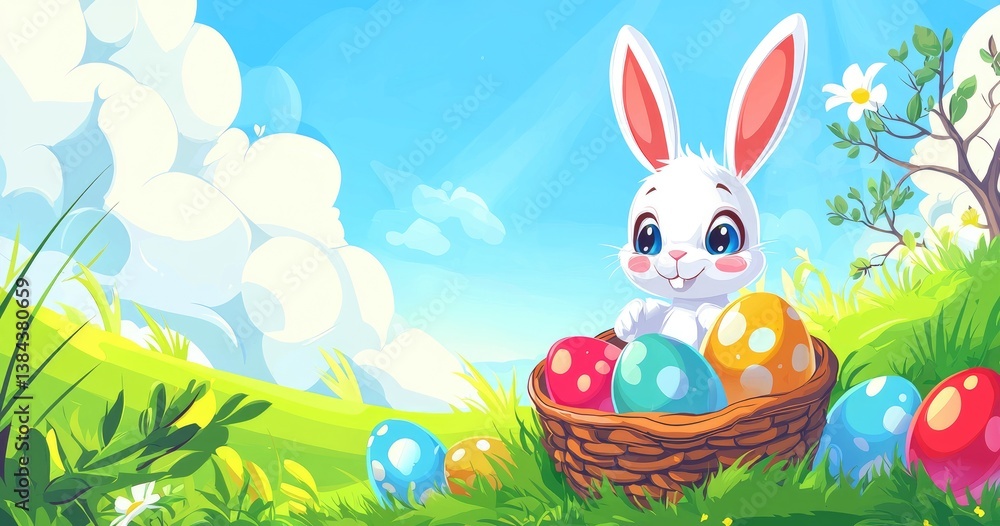 Smiling bunny with bright Easter eggs in a basket on green hills under blue skies. Ideal for Easter cards, festive banners, and spring-themed children's content Smiling bunny with bright Easter eggs in a basket on green hills under blue skies. Ideal for Easter cards, festive banners, and spring-themed children's content