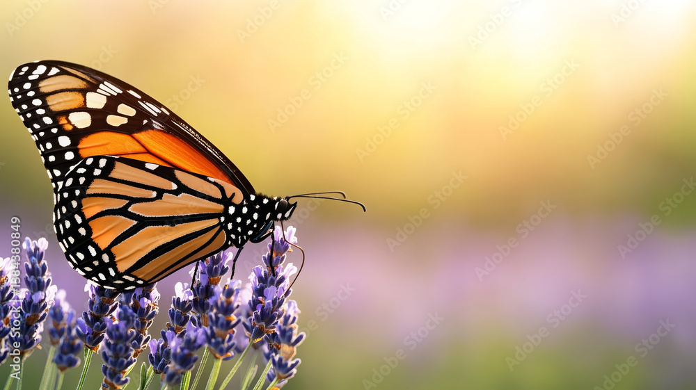 Obraz premium vibrant orange butterfly rests on lavender flowers, showcasing nature beauty