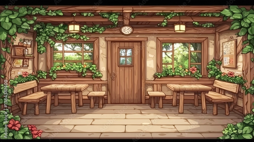 Obraz premium Rustic Wooden House Porch with Greenery and Tables