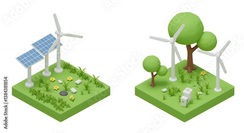 Renewable Energy Sources and Environmental Impact: A 3D Isometric Illustration of Clean Energy Transition and Sustainable Practices