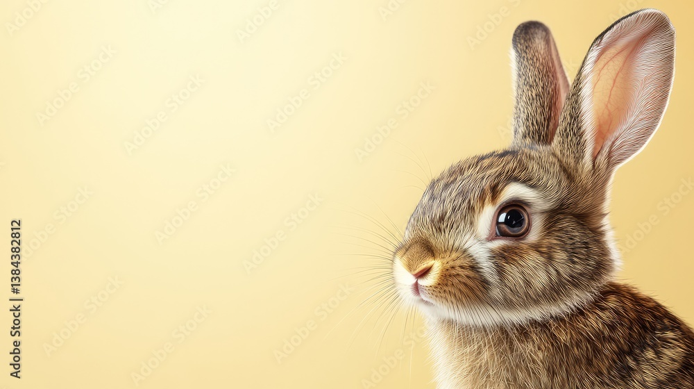 Fototapeta premium Minimalist aesthetic with a bunny peeking from behind a soft neutral background, ample copy space for creativity.