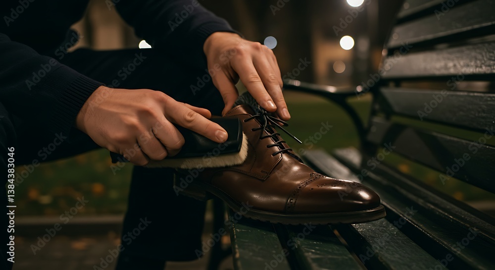Man Cleaning His Brown Leather Shoes on a Park Bench at Night Man Cleaning His Brown Leather Shoes on a Park Bench at Night